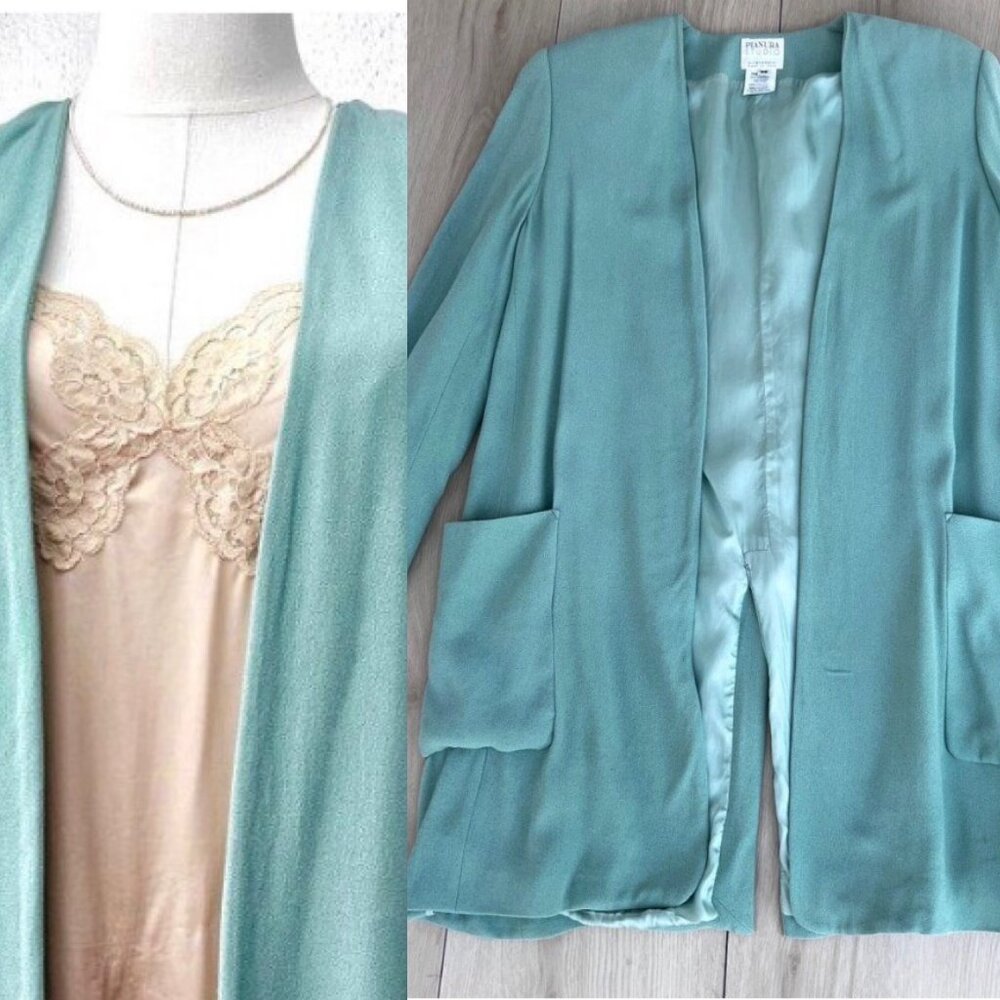 Vintage 80s Mint Green Open-front Collarless Longline Blazer Pianura Studio Sz M
